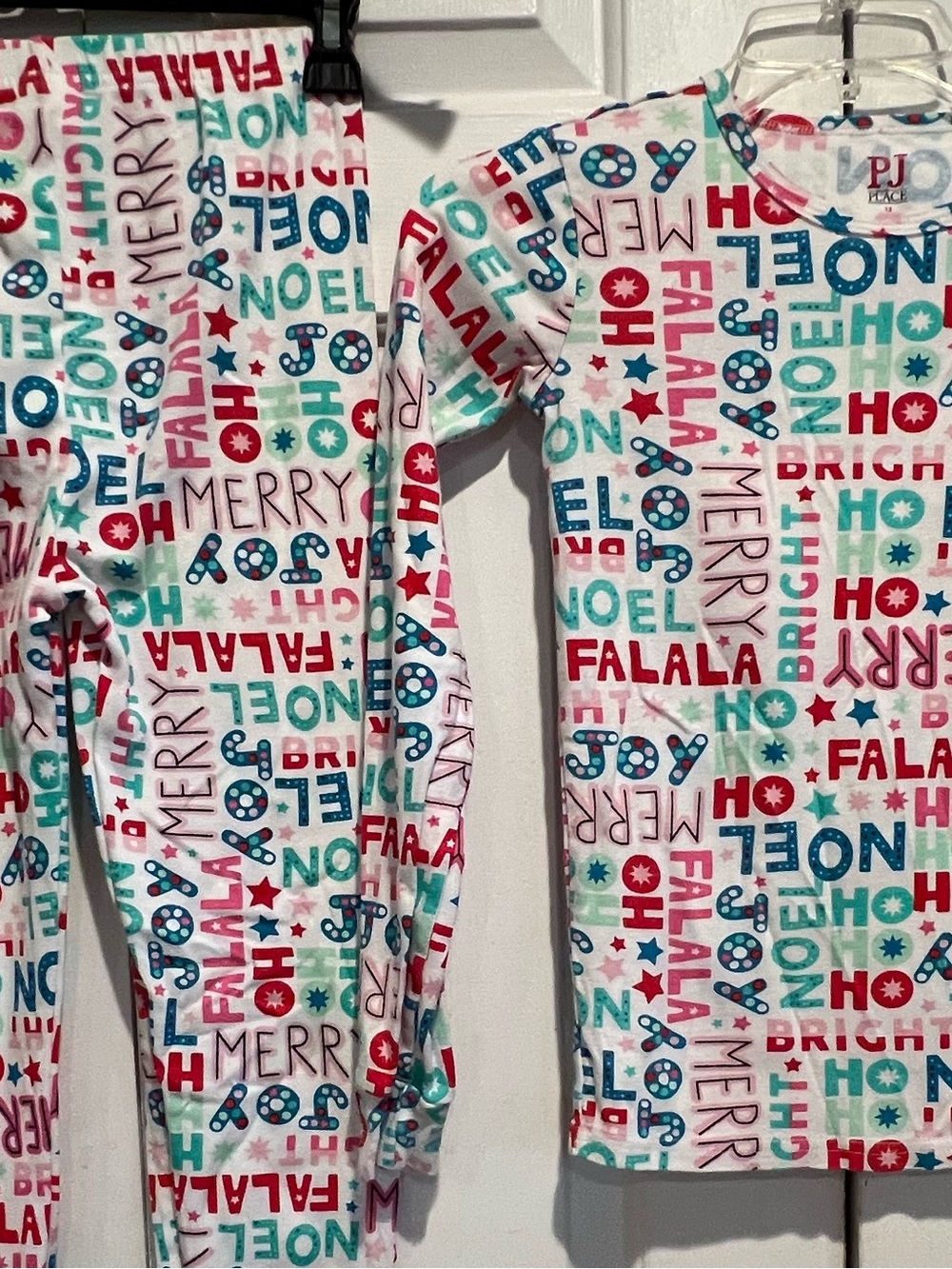 Kids Holiday PJ Set - Word-Print Pajama Set -Red/Green/Blue on White , Size 12